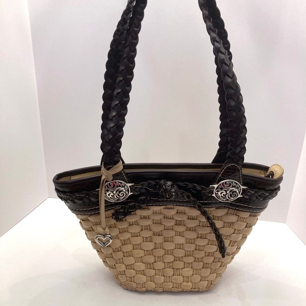Brighton Candice Straw Beige Leather Shoulder Bag Purse Charm Zip Top - Picture 3 of 14